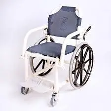 Aquatic wheelchair with a white frame, blue seat, and large rear wheels